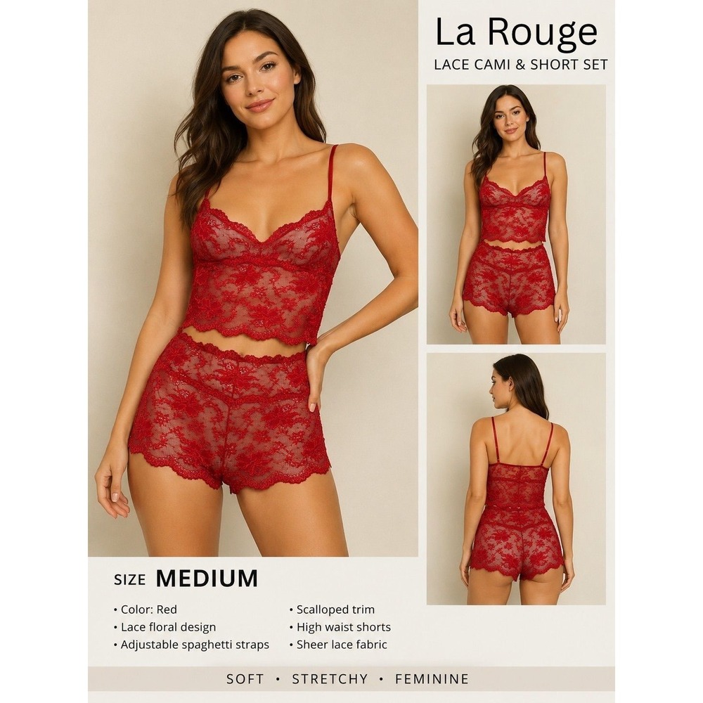 M - Red Lace Lingerie Set Cami Top & Shorts